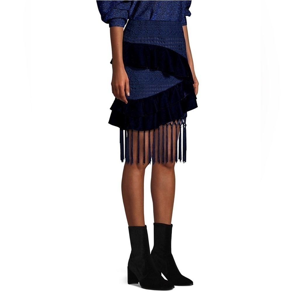 PatBO Velvet & Lace Fringed Mini Skirt in navy size 2